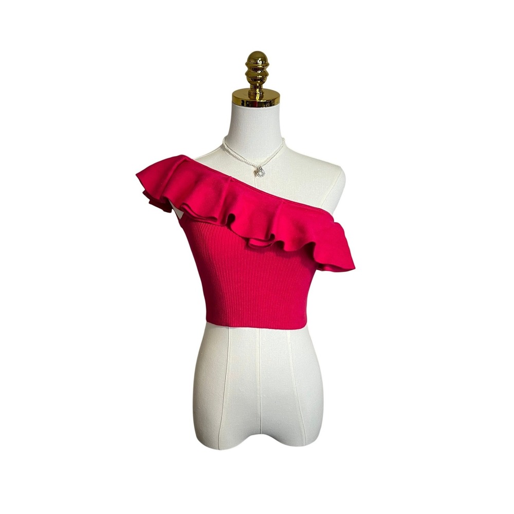 Express Womens Fuchsia Pink Ribbed One Shoulder Ruffle Crop Top Size Small